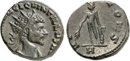Quintillus AE Antoninianus. IMP C M AVR C L QVINTILLVS AVG, radiate, draped bust right / APOLLINI CONS, Apollo standing left holding branch and resting hand on lyre set on rock. H in exergue. RIC 9 var (position of H)