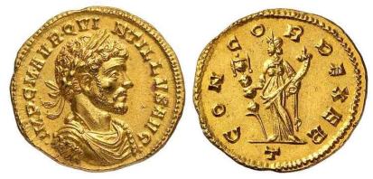Quintillus, AV Aureus. 5.01 gr, Milan mint. IMP C M AVR QVINTILLVS AVG, laureate, draped, cuirassed bust right / CONCORD EXER, Concordia standing facing, head left, holding standard and cornucopiae. Officina letter T in exergue. Cohen 11 (2nd ed.); Biaggi 1574; Calicó 3966; RIC - (1 var, different rev. legend); Sear 11429