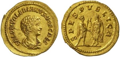 Saloninus, AV aureus, Commagene. 3.65 g. SALON VALERIANVS NOB CAES, bare-headed, draped bust right / SPES PVBLICA Spes standing left, raising hem of robe, presenting flower to prince
