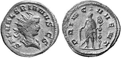 Saloninus Caesar AR Antoninianus. Lyons mint. SAL VALERIANVS CAES, radiate, draped bust right / PRINC IVVENT, prince standing left holding baton and transverse spear, one standard to right.
