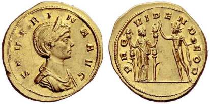 Severina, AV Aureus. Ticinum AD 274-275, 6.39 g. SEVERINA AVG, diademed and draped bust right / PROVIDEN DEOR, Sol standing left, holding globe and raising right hand towards Fides, standing right, holding two standards