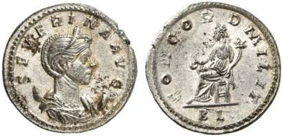 Severina, billon antoninianus, Lyons. SEVERINA AVG, diademed and draped bust right, on crescent / CONCORD MILIT, Concordia seated left, holding patera and cornucopiae. Mintmark BL