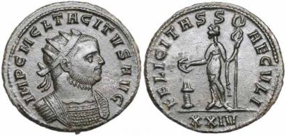 Tacitus AE Antoninianus. Siscia. IMP CM CL TACITVS AVG, radiate, cuirassed bust right / FELICITAS SAECVLI, Felicitas, standing left by altar, holding patera and caduceus. Mintmark XXIV. Estiot 2267, La Venera 1759