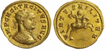 Tacitus, AV Aureus, Siscia. 275-276 AD. IMP C M C L TACITVS AVG, radiate, cuirassed bust right / VIRTVS MILITVM, Tacitus on horseback right, holding spear. RIC 179v (bust type), Estiot 111