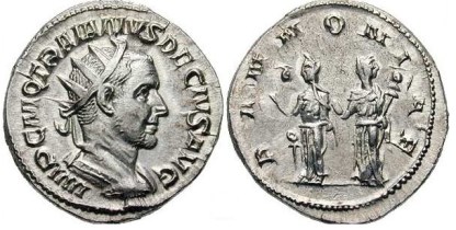 Trajan Decius AR Antoninianus. IMP C M Q TRAIANVS DECIVS AVG, radiate, draped & cuirassed bust right /PANNONIAE, the two Pannoniae standing front holding standards. RIC 21b, RSC 86