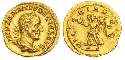 Trajan Decius AV Aureus. 249 AD. IMP TRAIANVS DECIVS AVG, laureate, draped & cuirassed bust right / VICTORIA AVG, Victory advancing left bearing wreath & palm. Calico 3301, Cohen 108