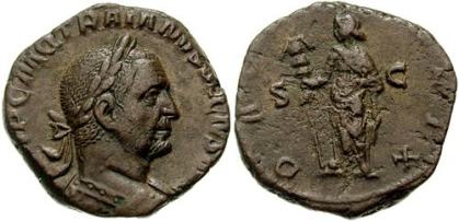 Trajan Decius Æ Sestertius. Struck 249-250 AD. IMP C M Q TRAIANVS DECIVS AVG, laureate and cuirassed bust right, seen from behind / DACIA FELIX S-C, Dacia standing left, holding ensign. Cohen 35