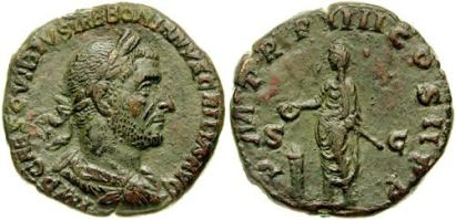 Trebonianus Gallus AE Sestertius. Struck 253 AD. IMP CAES C VIBIVS TREBONIANVS GALLVS AVG, laureate, draped & cuirassed bust right / P M TR P IIII COS II P P, emperor standing left, sacrificing over lighted tripod altar and holding short sceptre. Cohen 96; Sear