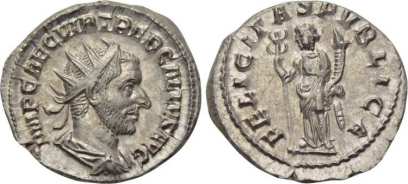 Trebonianus Gallus AR Antoninianus. IMP CAE C VIB TREB GALLVS AVG, radiate, draped bust right / FELICITAS PVBLICA, Felicity standing left with caduceus and cornucopiae. RIC 33; RSC 37; Sear 9629