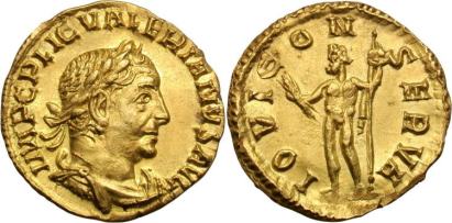 Valerian I. 253-260 AD. AV Aureus, 2.72g. Rome. IMP C P LIC VALERIANVS AVG, laureate, draped, cuirassed bust right / IOVI CONSERVA, Jupiter standing left holding thunderbolt and sceptre. Goebl 25a; RIC 37; Cohen 82; Calico 3418
