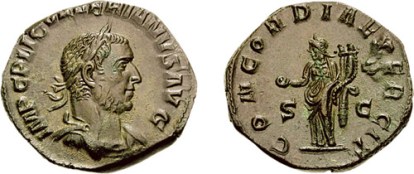 Valerian I AE Sestertius. Rome mint, 253-254 AD. IMP C P LIC VALERIANVS AVG, laureate, draped, & cuirassed bust right, slight drapery on left shoulder / CONCORDIA EXERCIT, S C across field, Concordia standing left, holding patera in extended right hand & cradling double cornucopiae in left arm. Cohen 40v