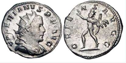 Valerian I AR Antoninianus. Lyons mint. VALERIANVS P F AVG, radiate, draped, and cuirassed bust right / ORIENS AVGG, Sol walking left, holding whip and raising right hand. RSC 143a; Sear 9950