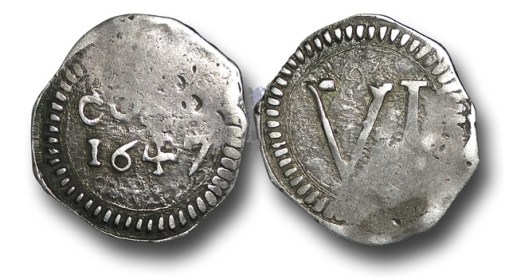 Cities of Refuge, Cork, Sixpence, 2.46g., CORK 1647 in two lines, rev. VI in circle of pellets (S.6561A), weakly struck in one quarter as is the often the case for this emergency issue, good very fine, very rare