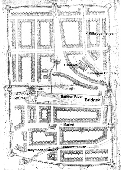 The walled town of Bandon Bridge, circa 1620, shows the defensive nature of this important bridging point on the River Bandon