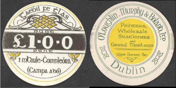 Ballykinlar Camp. One Pound circular cardboard token (Camp No. 2)
