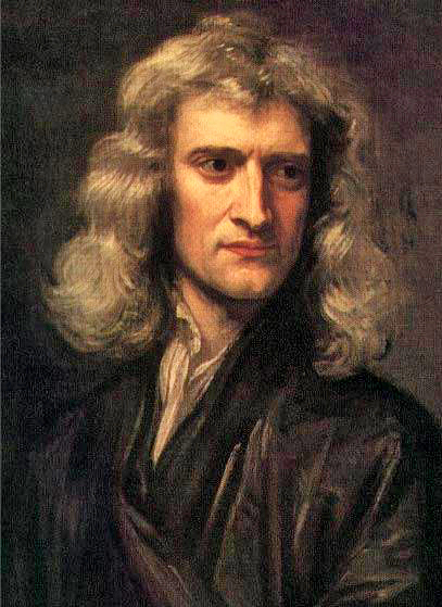 Isaac Newton: Portrait of man in black with shoulder-length, wavy brown hair, a large sharp nose, and a distracted gaze (Godfrey Kneller, 1689)