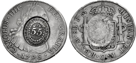 1796 Castlecomer Colliery token (over-struck on a Spanish Colonial silver 8 reales 'donor' coin)