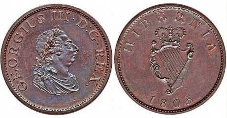 1805 Ireland George III "Soho Coinage" copper halfpenny, Laureate and draped bust facing right