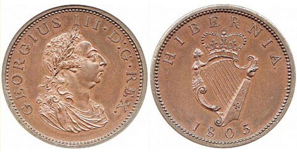 1805 Ireland George III "Soho Coinage" copper penny, Laureate and draped bust facing right