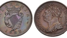 1822 Ireland copper halfpenny (George IV), Laureate and draped bust facing left