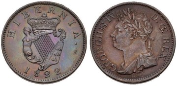 1822 Ireland copper halfpenny (George IV), Laureate and draped bust facing left