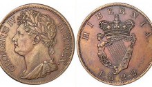 1822 Ireland copper penny (George IV), Laureate and draped bust facing left