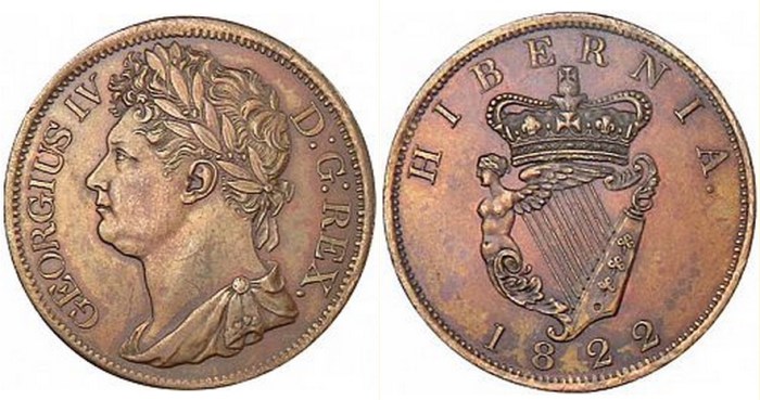 1822 Ireland copper penny (George IV), Laureate and draped bust facing left