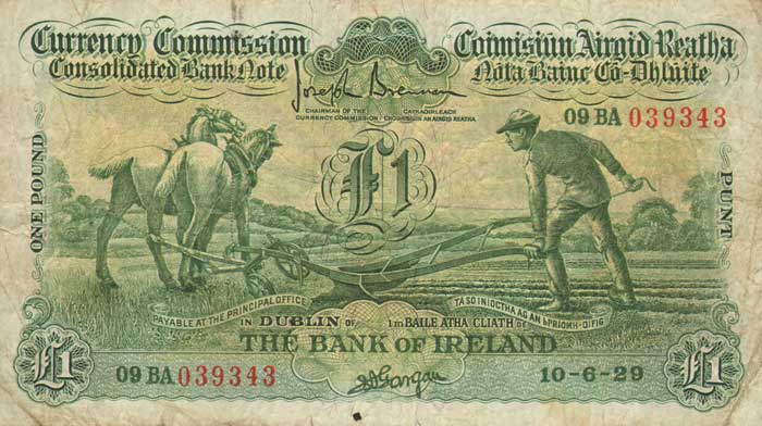 £1 Bank of Ireland "Ploughman" note, dated 10 June 1929
