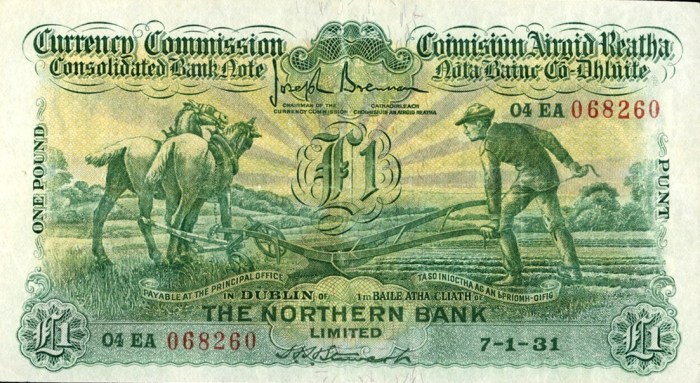 £1 Northern Bank "Ploughman" note, dated 07 January 1931 - how much are old Irish banknotes worth?