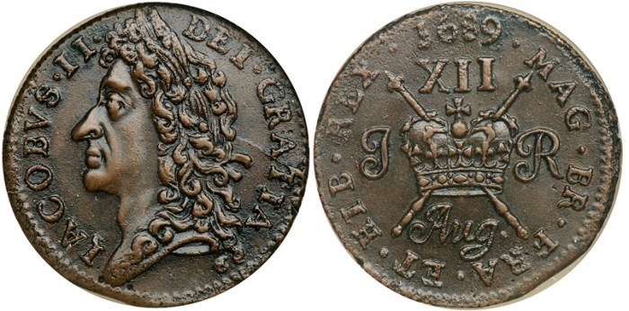 1689 Aug, with stop. James II, Gunmoney. Large size. Laureate head left. Reverse XII over crown. Usual surface porosity