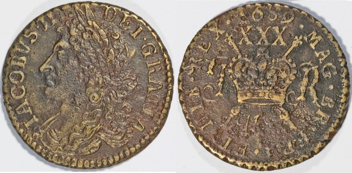 1689 James II gunmoney halfcrown, Jul(y) - damaged