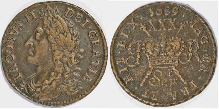 1689 James II gunmoney halfcrown, Sep ('r' above) +full colon (1)