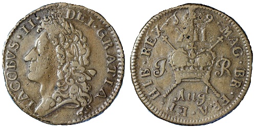 James II, Gunmoney Shilling, large size, 1689 Augt, with 't' above (to the right of 'g') + full stop. This die variation has the 't' in Augt much closer to the sceptre.  Laureate head left. Reverse XII over crown