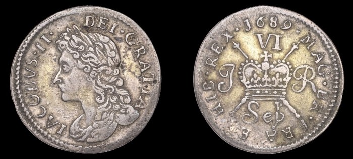 1689 Large size Proof Sixpence, Sepr, with 'r' above 'p' in Sep, James press, pearled bands on crown