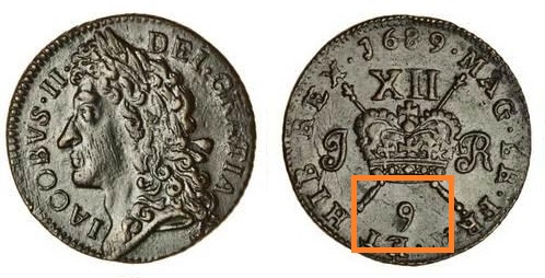 Ireland, James II Large Shilling Gunmoney, 1689 (December) - the 9th month of the Julian year
