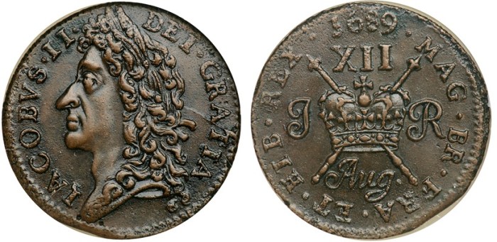 Ireland. Large Shilling, August 1689. James II Gunmoney
