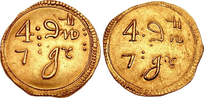 The Great Rebellion. Issues of the Lords Justices. 1642-1649. AV Pistole (21mm, 6.61 g, 2h). Ormonde Money. Struck 1646. '4 : 9wtt :/ 7 : gr :' in two lines / '4 : 9wtt :/ 7 : gr :' in two lines. O'Sullivan, Gold dies 1/2; D&F 269 (Inchiquin Money); SCBC 6552.