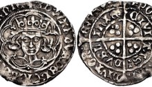 IRELAND. Edward IV. First reign, 1461-1470. AR Groat (26mm, 2.40 g, 1h). Heavy ‘Cross and Pellets’ coinage. Dublin mint; im: pierced cross fitchy. Struck 1465. + ЄDWΛRDVS : DЄI : GRΛ : DnS : ҺУBЄRnIЄ (double saltire stops), crowned facing bust within tressure of arches, with inward facing lis on cusps, pellets in three lower spandrels / + POSVI [DЄV]m : Λ DIVTOR • Є mЄVm/ CIVI TΛS DVBL InIЄ (pellet and double saltire stops), long cross pattée with trefoils in angles, additional pellets in second and third angles. SCBI 22 (Copenhagen), –; D&F 133; SCBC 6291. VF, toned, edge splits.