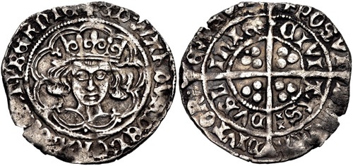 IRELAND. Edward IV. First reign, 1461-1470. AR Groat (26mm, 2.40 g, 1h). Heavy ‘Cross and Pellets’ coinage. Dublin mint; im: pierced cross fitchy. Struck 1465. + ЄDWΛRDVS : DЄI : GRΛ : DnS : ҺУBЄRnIЄ (double saltire stops), crowned facing bust within tressure of arches, with inward facing lis on cusps, pellets in three lower spandrels / + POSVI [DЄV]m : Λ DIVTOR • Є mЄVm/ CIVI TΛS DVBL InIЄ (pellet and double saltire stops), long cross pattée with trefoils in angles, additional pellets in second and third angles. SCBI 22 (Copenhagen), –; D&F 133; SCBC 6291. VF, toned, edge splits.