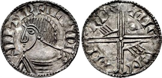 Hiberno-Norse. Circa 1035-1055/60. AR Penny (17.5mm, 0.86 g, 7h). Phase III coinage, Long Cross type. Uncertain mint signature and moneyer. +IIITIDFILFIDI, draped bust left / +I- I·-I-I LII LII, voided long cross, with triple crescent ends; pellet in first quarter, ‘hand’ symbols in second and third quarters. O`S –; SCBI 22 (Copenhagen), 188 (same dies); D&F 24; SCBC 6132. Superb EF, toned, thin flan crack