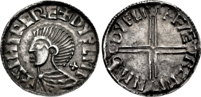 Hiberno-Norse. Sihtric III Olafsson. Circa 995-1036. AR Penny (19mm, 1.34 g, 9h). Phase II coinage, Long Cross type. Difelin (Dublin) mint; ‘Faeremin’, moneyer. Struck circa 1015-1035. Draped bust left; cross pattée behind neck / + FÆ REMI N MΘ DУFLI, voided long cross, with triple crescent ends; pellet in third quarter. Cf. O'S 10; cf. SCBI 32 (Ulster), 49-57; cf. SCBI 8 (BM), 64-6; D&F 23; SCBC 6122. Near EF, toned
