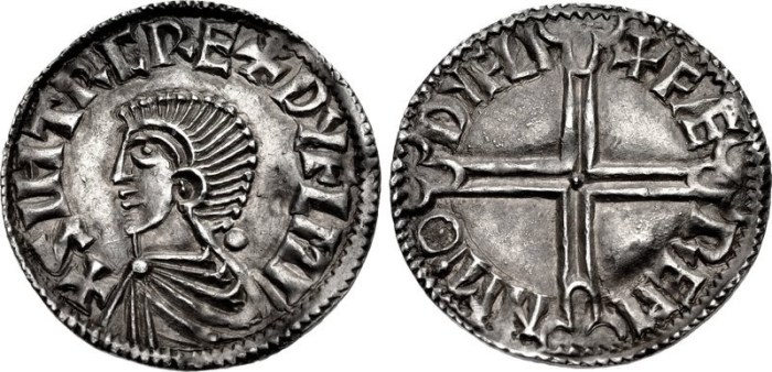 Hiberno-Norse. Sihtric III Olafsson. Circa 995-1036. AR Penny (20mm, 1.47 g, 4h). Phase I coinage, Long Cross type. Difelin (Dublin) mint; Færeman, moneyer. Struck circa 1000-1010. Draped bust left; pellet to right / + FÆ REM N M(dart)Θ DYFLI, voided long cross, with pellet at center and triple-crescent ends; pellet in each central crescent. Cf. O'S 6; SCBI 8 (BM), 21 var. (rev. legend); SCBI 32 (Ulster), 19-20; SCBC 6103. EF, lightly toned, slight bow to flan