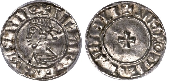 Hiberno-Norse. Phase I (c.995-1020), Class D Penny in the name of Sihtric Anlafsson c.1010-16, Dublin mint, S-6117, DF-18, MS63 PCGS. + SIHTRY REX DYFLNIIΘ, bust left / + SIHLΘDIL MII GIHLI, short cross. An imitation of Æthelred's last small cross coinage, this example is exceptional in its strike and surfaces. The legends, although difficult, are legible and the portrait is excellent. The flan is of good metal without cracks or flaws, exhibits upturned rims + one small peckmark on the reverse. Rare.