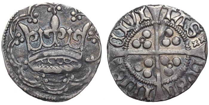 Ireland. Edward IV (1461-1483) AR Groat. Dublin, c.1460-1463. Large crown within tressure of nine arches, each arch ending in triple pellets / CIVI TΛS DVBL InIЄ (double saltire stops) large cross pattée; triple pellets in quarters; central annulet in second and third quarters. S 6272. 2.44g, 23mm, 8h. Very Fine, some clipping. Extremely Rare.