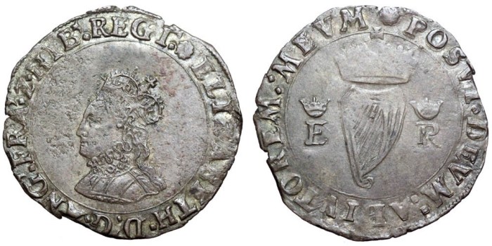 Ireland. Elizabeth I (1558-1603) BI Groat. Dublin, c.1558. ELIZA[B]ETA D’·G’·ANG’·FRA’·Z·HI, crowned and mantled bust left / POSVI:DEVM:ADIVTOREM:MEVM ·, crowned harp; crowned E R to left and right. S 6504. 3.04g, 25mm, 3h.