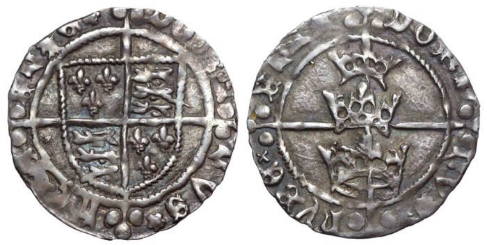 Ireland. Henry VII (1485-1509) AR Groat. Dublin, c.1485-1487. [RЄX] ΛnGL IЄ FRΛ nC[IЄ], coat of arms over long cross with triple pellet ends / [DOmI] nVS hУBЄ RnIЄ, three crowns over long cross with triple pellet ends. S 6415. 1.92g, 22mm, 11h. Good Very Fine. Of exceptional quality and visual appeal.