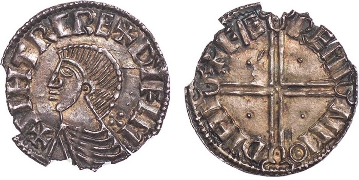Ireland, Hiberno-Norse, Sihtric, penny, phase II (c.1015-1035), imitating long cross type of Aethelred II, + SIHTRC RE DIFLM, bust l., rev. + FÆ REMI NMO DYHI, long voided cross, pellet in each angle (S.6122; D&F.23), bottom edge very ragged, about very fine, scarce
