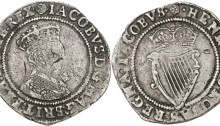 IRELAND. JAMES I, 1603-1626. 2nd Coinage. Shilling, nd (1604-07). Mm rose. Obv: Crowned bust right. Rev: Crowned harp. 4.35 grams. S.6515 / DF 261. Fine to Very Fine.
