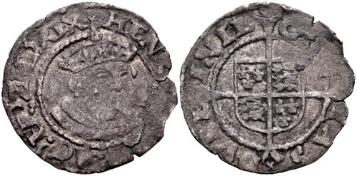 Edward VI. 1547-1553. BI Threepence (19mm, 0.99 g, 6h). In the name and types of Henry VIII. Dublin mint. Struck 1547-circa 1550. Crowned and mantled bust facing slightly right / Coat-of-arms over long cross fourchée. SCBC 6489. Good Fine, toned, ragged edge.