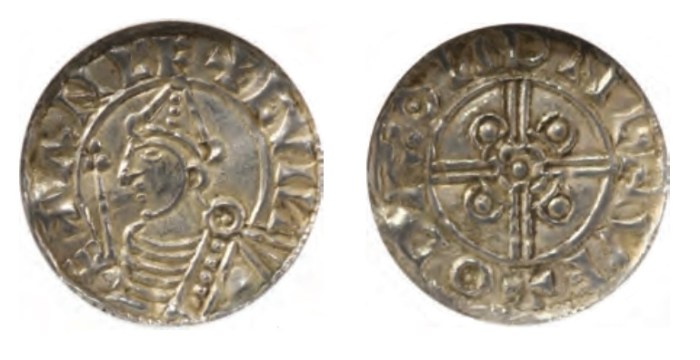 Hiberno-Norse Coinage. Anlaf V (ca. 1029-1034). ‘Cnut-style’ Penny. struck likely at Dublin, moneyer: Oda (?) Draped bust l. breaking circle, wearing pointed helmet and holding scepter; +∧NLF +CVIN-E (the ‘N’ retrograde), rev. Central double circle enclosing pellet, which intersects a voided and a jeweled cross within a circle; +OD∧:ON (the ‘N’ retrograde) DNLNVF